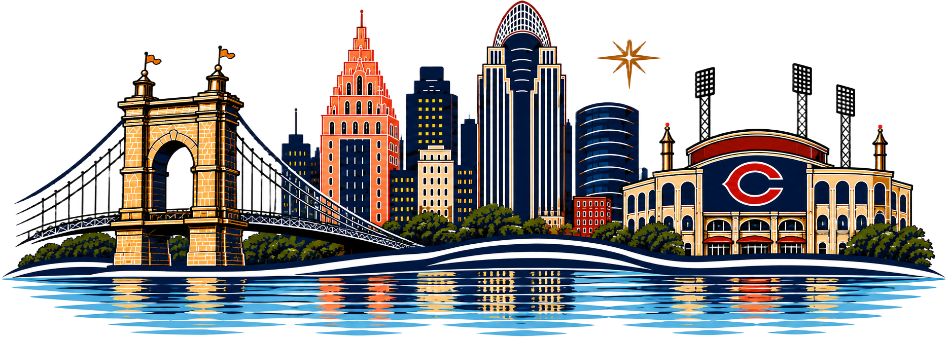 Cincinnati skyline with the Roebling Bridge, Carew Tower and Great American Ball Park