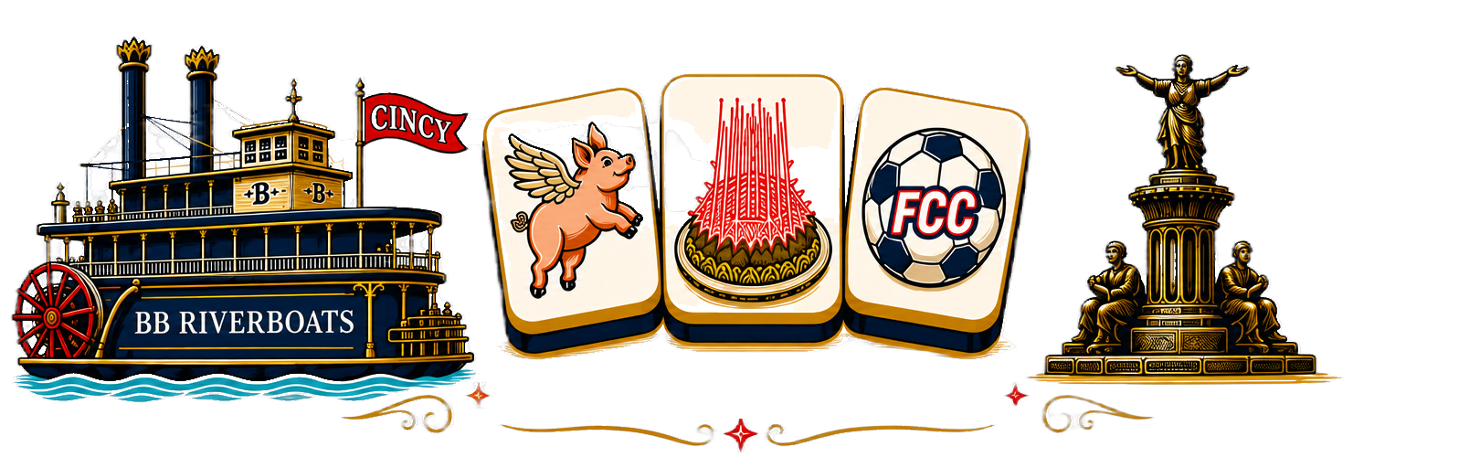 BB Riverboats steamboat, mahjong tiles showing the Cincinnati flying pig and FC Cincinnati, and the Fountain Square statue — Cincinnati, Ohio
