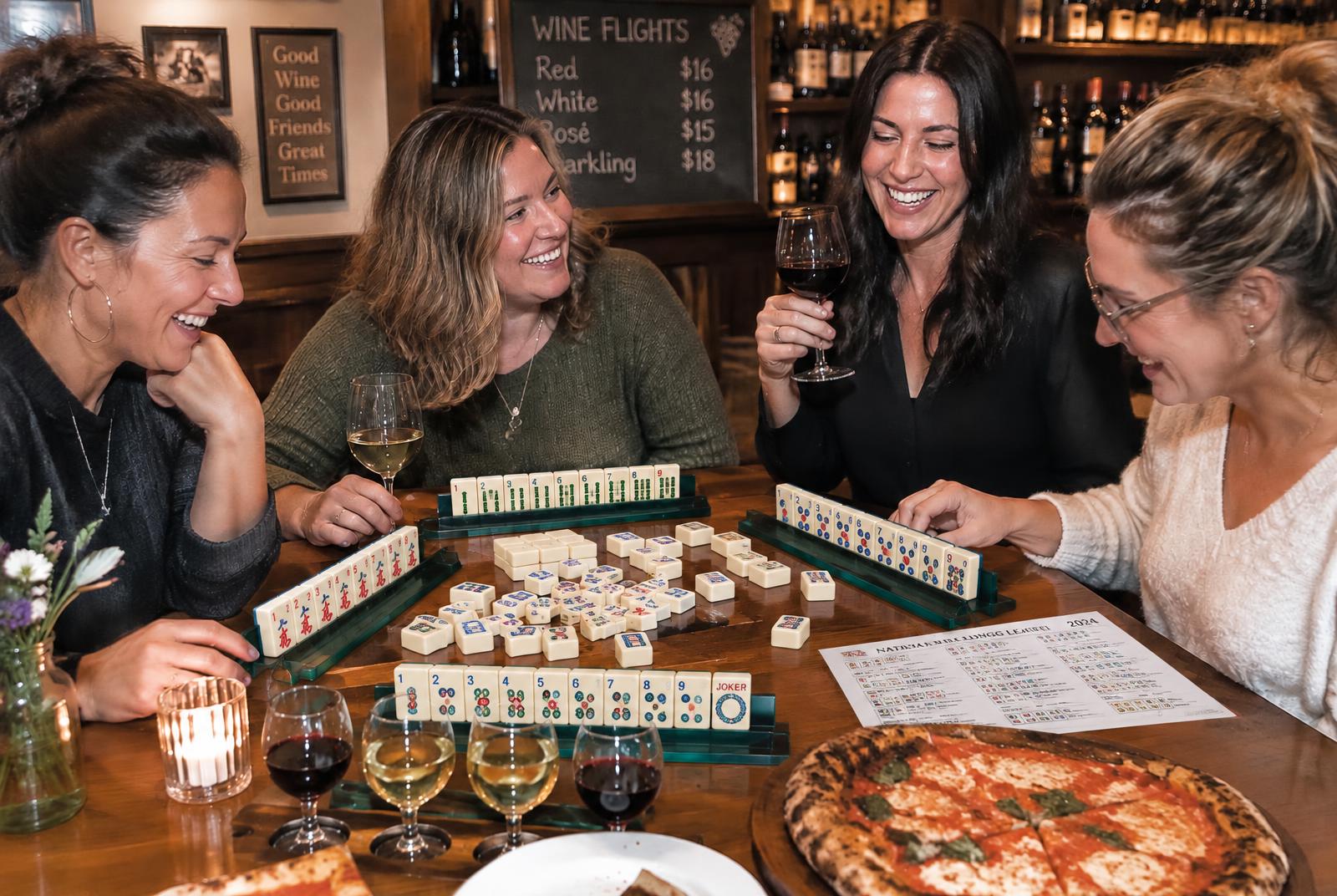 Friends playing mahjong at Hoppin' Vines
