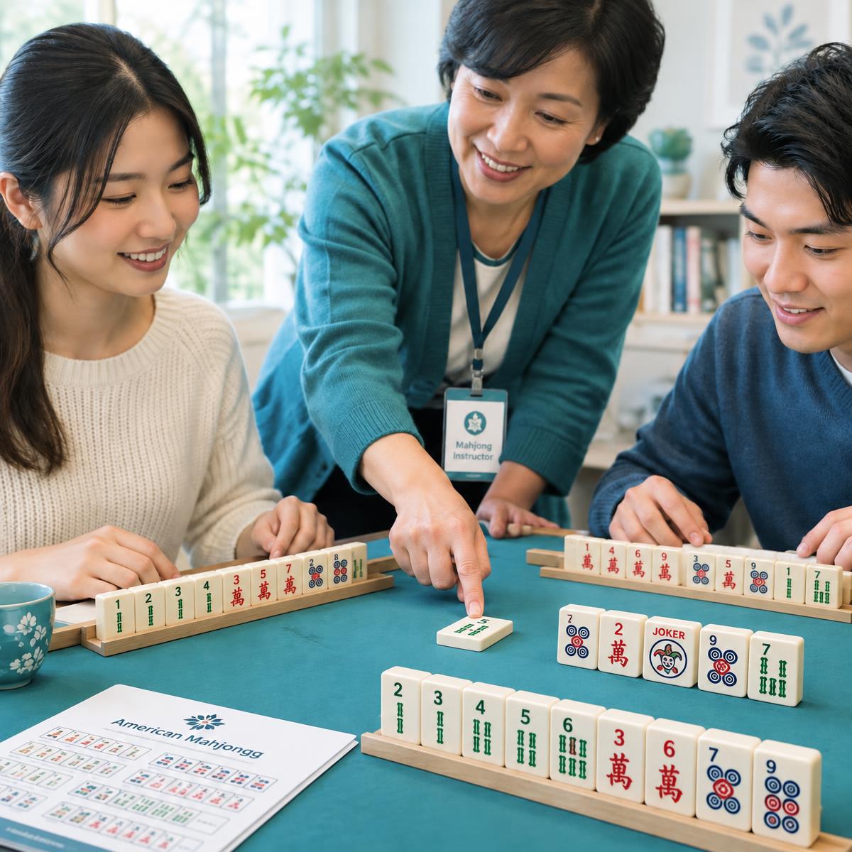 An instructor guiding beginners through a mahjong hand